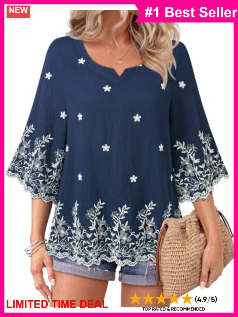 Boho Embroidered Cotton Linen V-Neck Tunic Blouse 3/4 Bell Sleeve